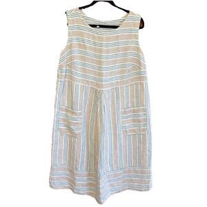 J. Jill Love Linen Women's Striped Sleeveless Shift Dress Coastal Pockets Size L